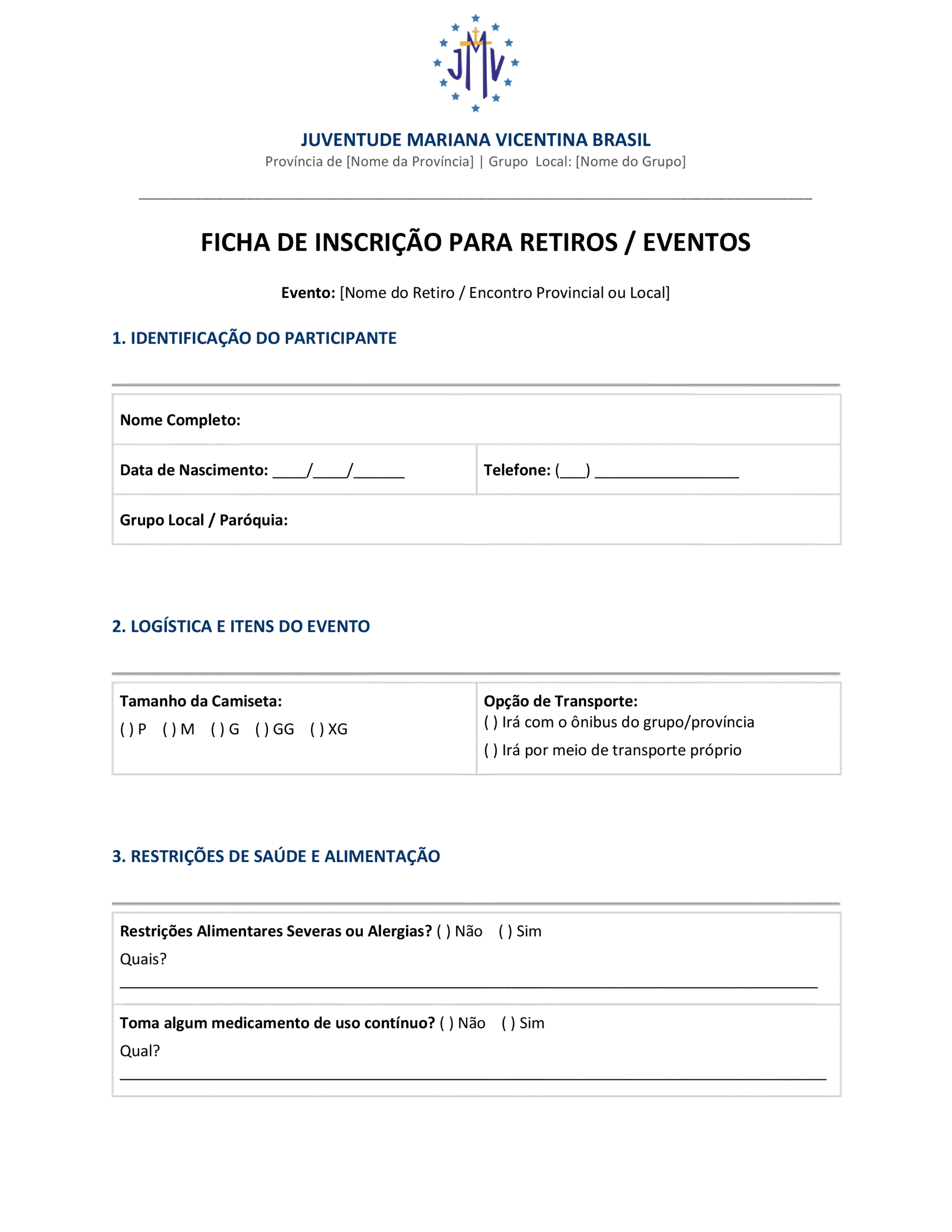 Ficha de Inscrição para Retiros